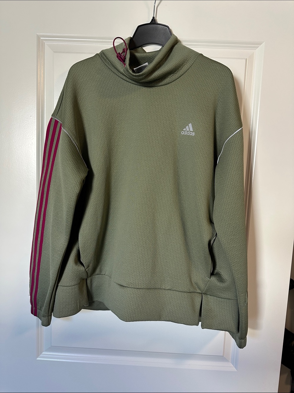 adidas Olive Turtleneck Sweater with Pink Sleeve Stripes - Picture 3 of 3